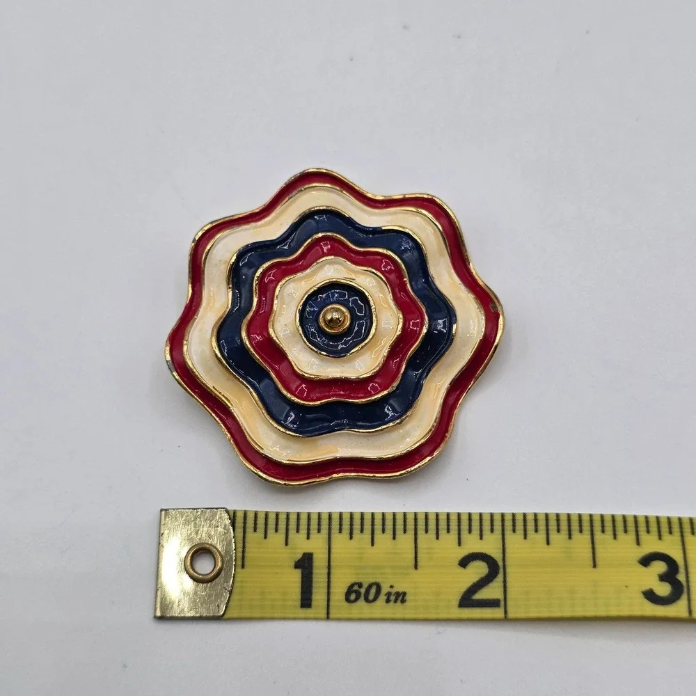 Marvella Enamel Flower Rosette Brooch Red White Blue Gold Tone Signed Jewelry‎